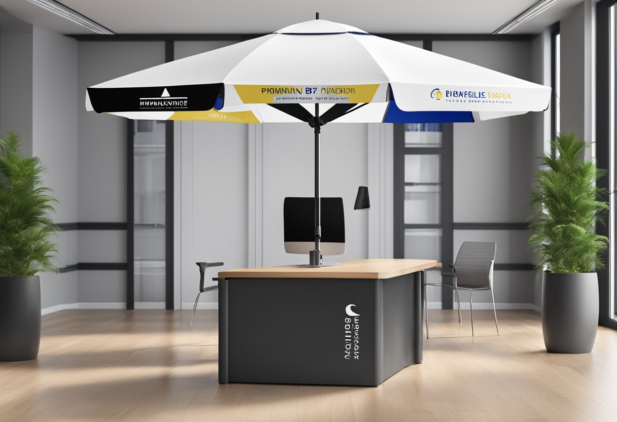A branded corporate gift umbrella stands open on a sleek office desk, with the company logo prominently displayed on the canopy