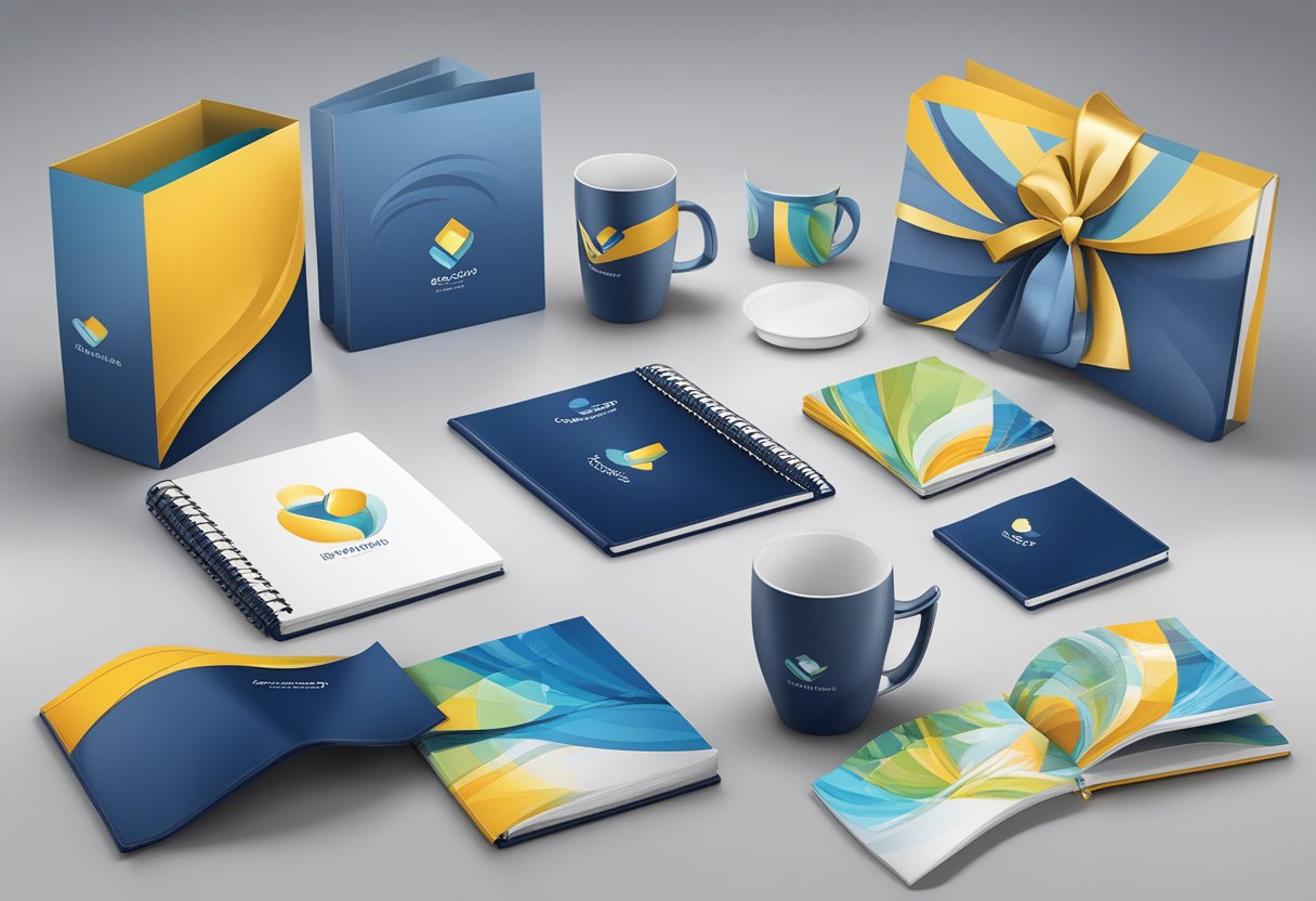 A table displays branded corporate gifts, from mugs to notebooks, arranged strategically for a professional and elegant presentation