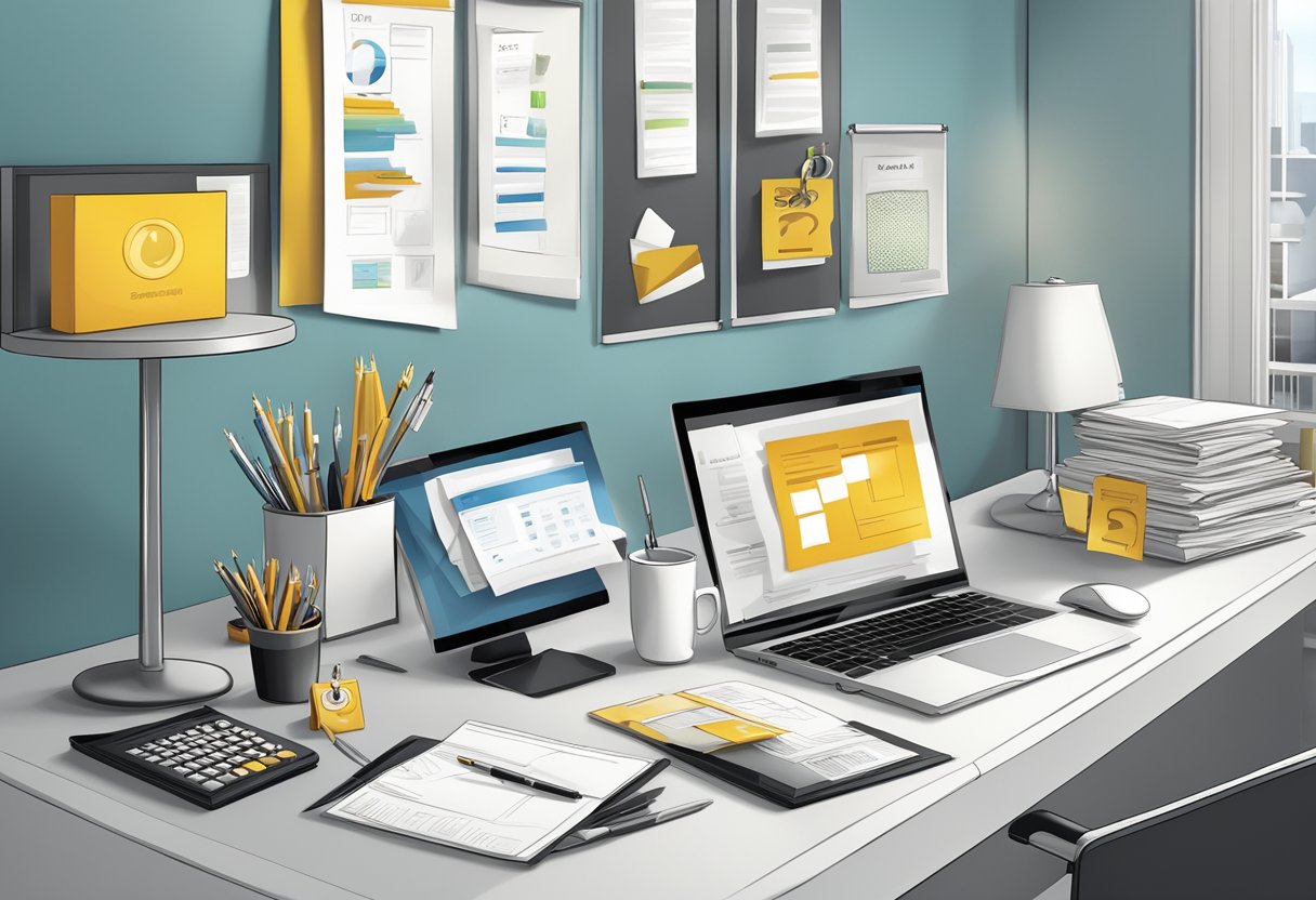 A group of customised gifts and corporate items neatly displayed on a table with a sign reading "Frequently Asked Questions" in a modern office setting