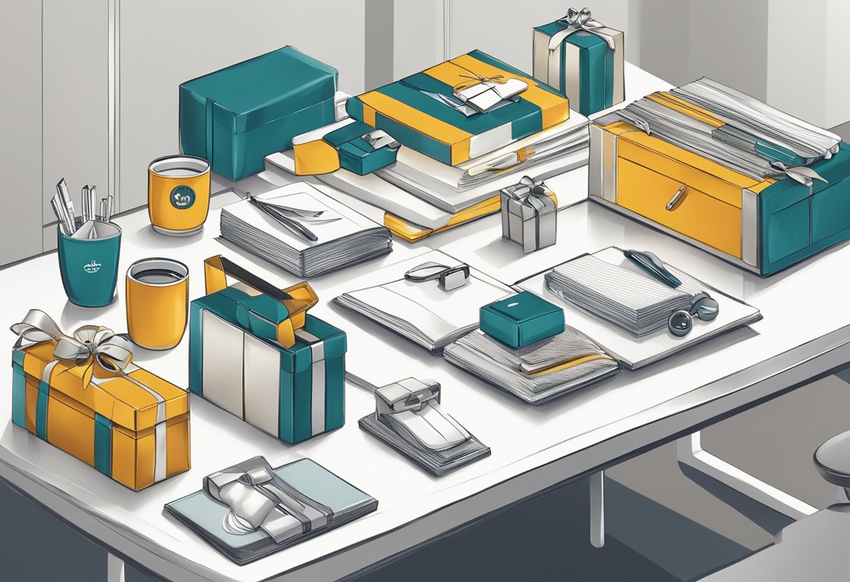 A group of corporate gifts arranged neatly on a table in a Singapore office setting. The gifts vary in size and type, including branded items and luxury goods
