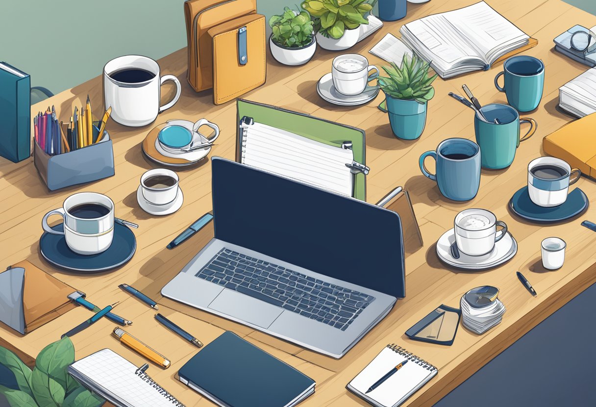 A table with a variety of customised corporate gifts, including mugs, pens, and notebooks, displayed neatly with a sign reading "Frequently Asked Questions customised corporate gifts set."