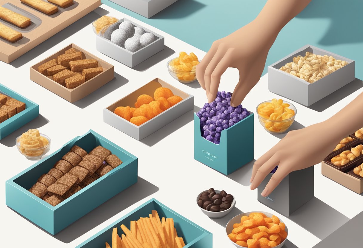 A hand reaches for a variety of gourmet snacks displayed on a sleek, modern table, with elegant packaging and branding in the background
