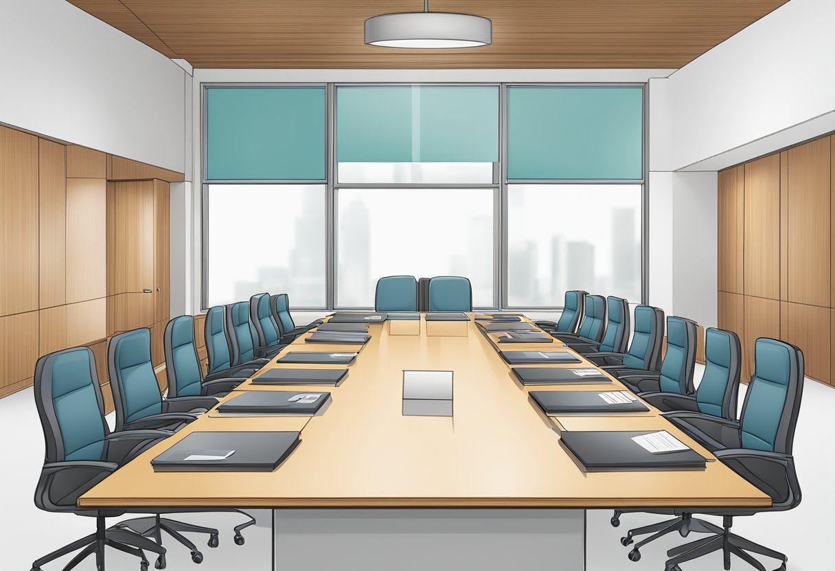 A conference table with branded gift boxes, promotional items, and a survey form