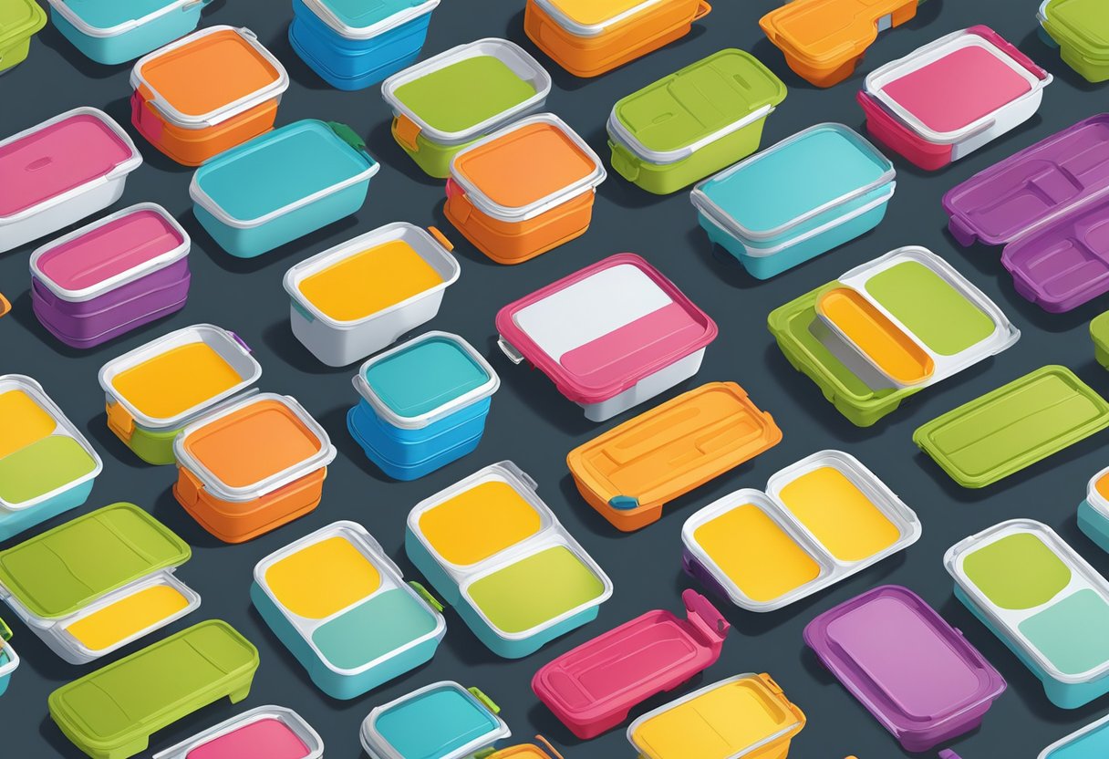 A table with a variety of colorful, collapsible lunch boxes. Each box is shown in its expanded and collapsed form, highlighting its versatility and space-saving benefits