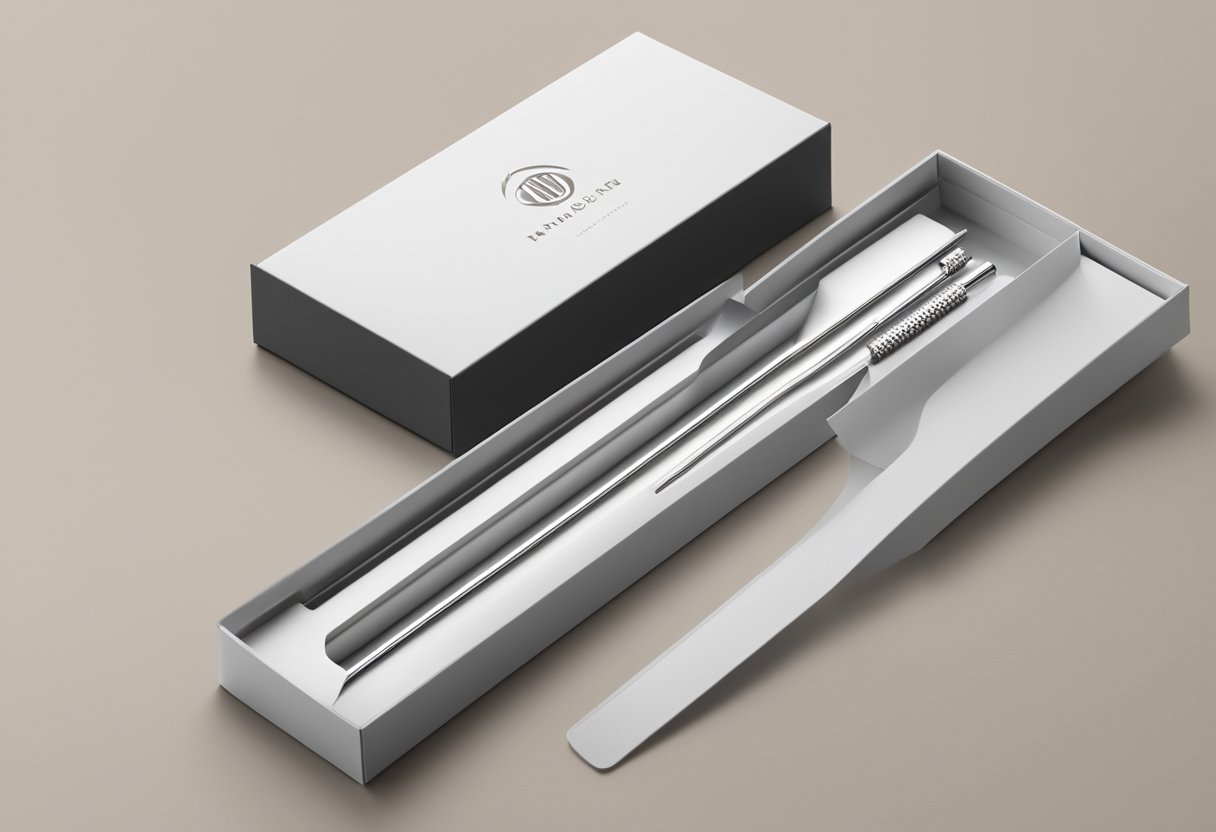 A metal straw placed in a sleek corporate gift box, with the company's logo embossed on the exterior