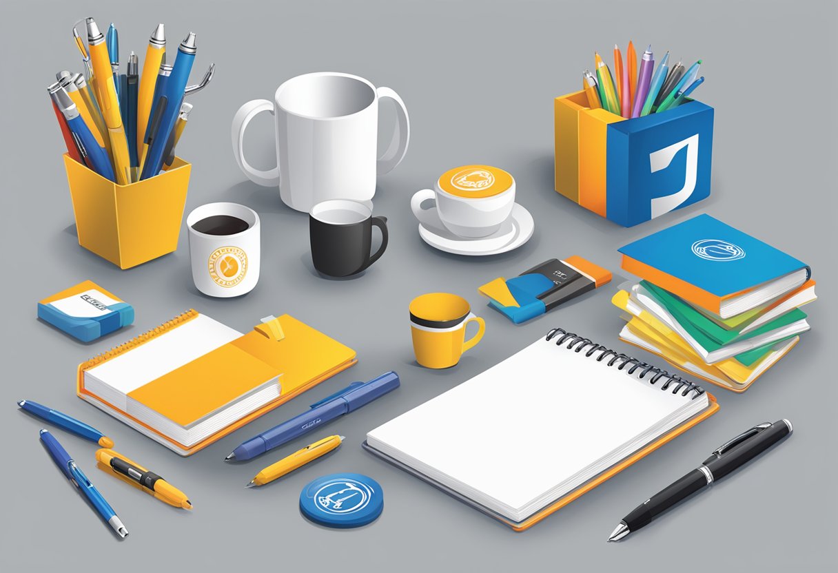 A table displays various branded gifts: pens, mugs, and notebooks. A company logo is prominently featured on each item