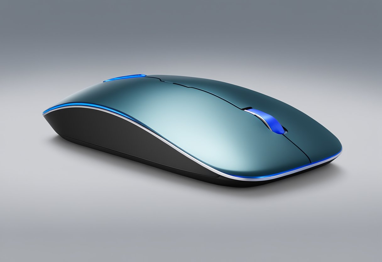 A sleek wireless mouse sits on a rechargable pad, branded as a corporate gift