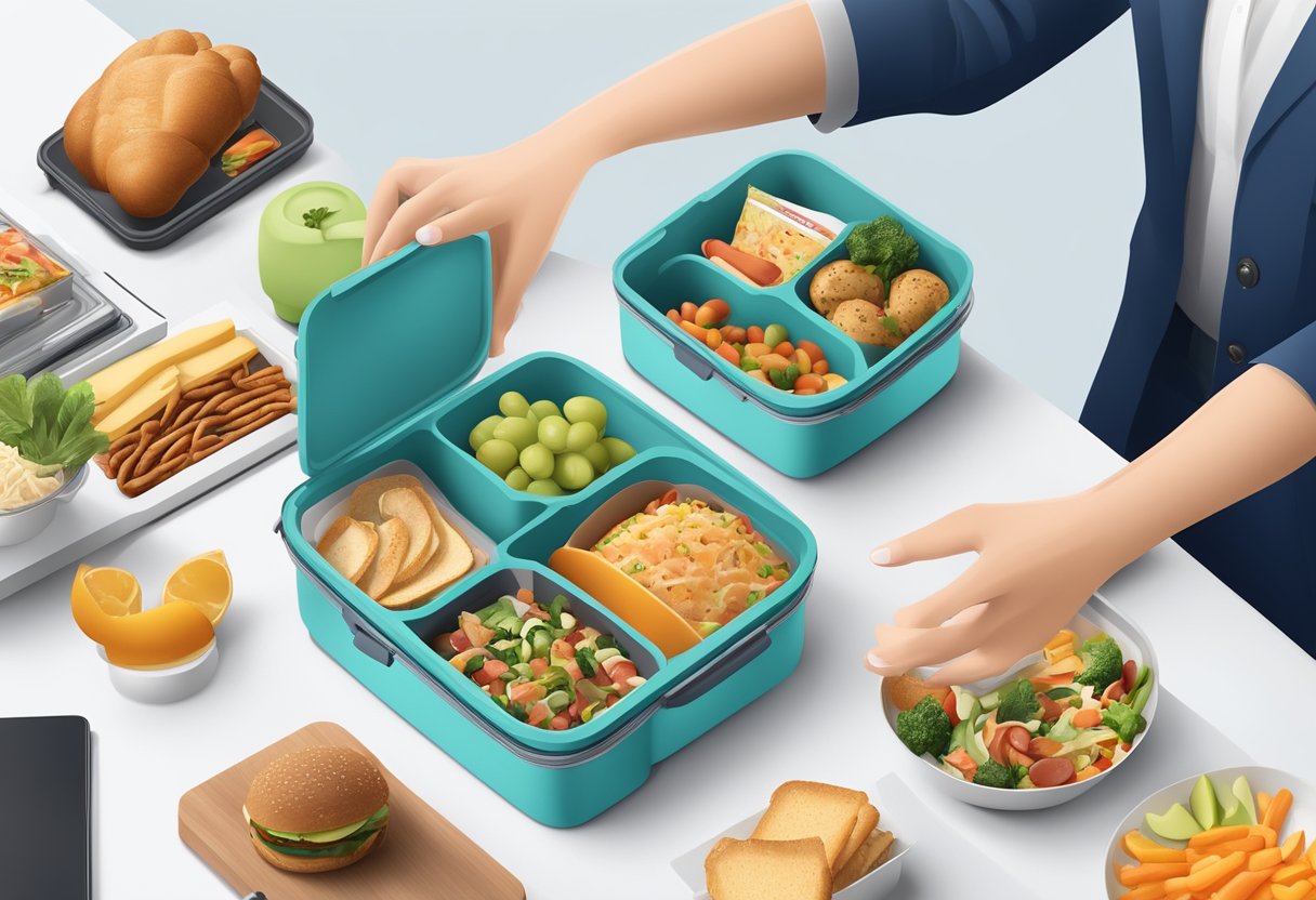 A hand reaches for a collapsible lunch box with corporate branding, surrounded by various food items and a sleek, modern office setting