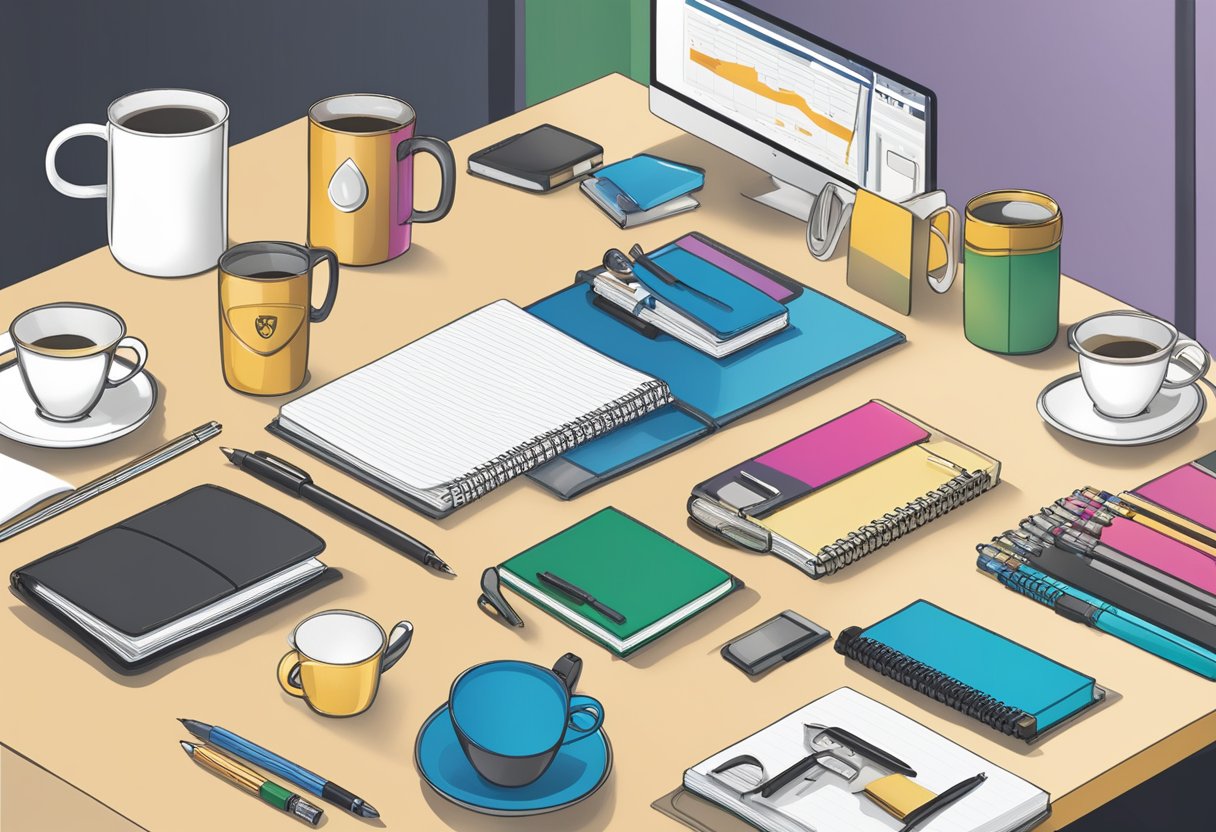 A table displays branded pens, notebooks, and mugs. A banner reads "Corporate C Door Gift Ideas" above the array of items