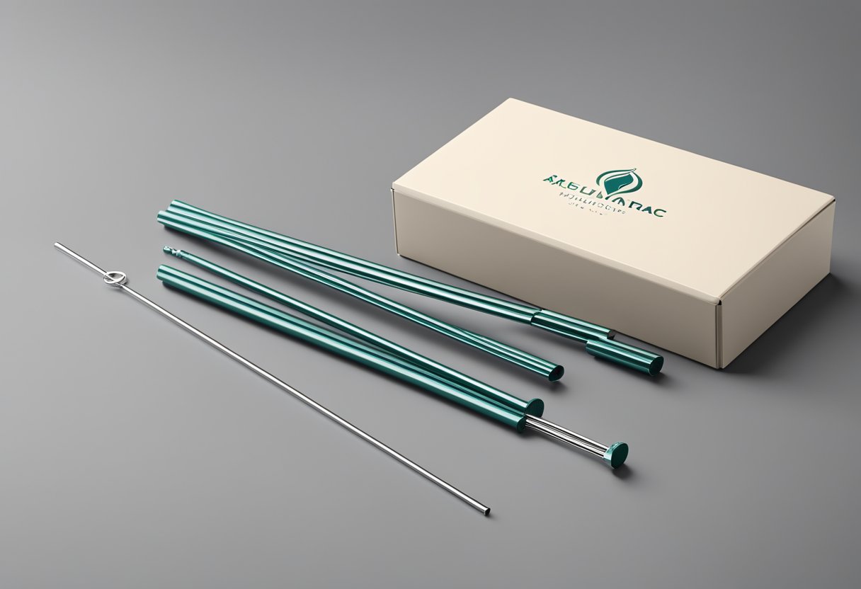 A set of sleek metal straws displayed in a sophisticated gift box with the company logo embossed on the lid