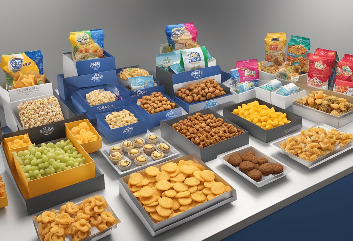A table displays various snacks with custom logos and branding materials for corporate gifting