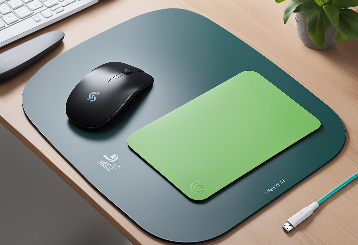 A sleek wireless charging mouse pad sits on a clean desk, with the company logo subtly embossed on the surface