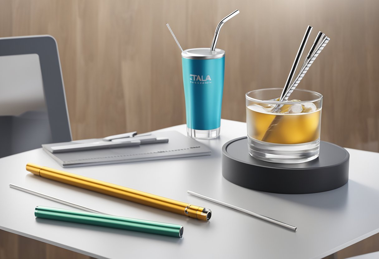 A sleek metal straw set displayed with branded corporate gifts on a modern desk