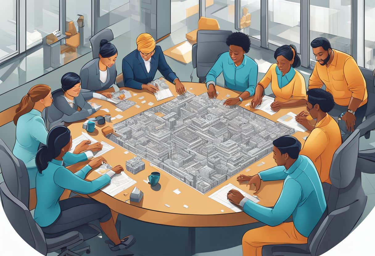 A group of employees gather around a table, solving a corporate gift puzzle. The room is filled with excitement and teamwork as they piece together the intricate design