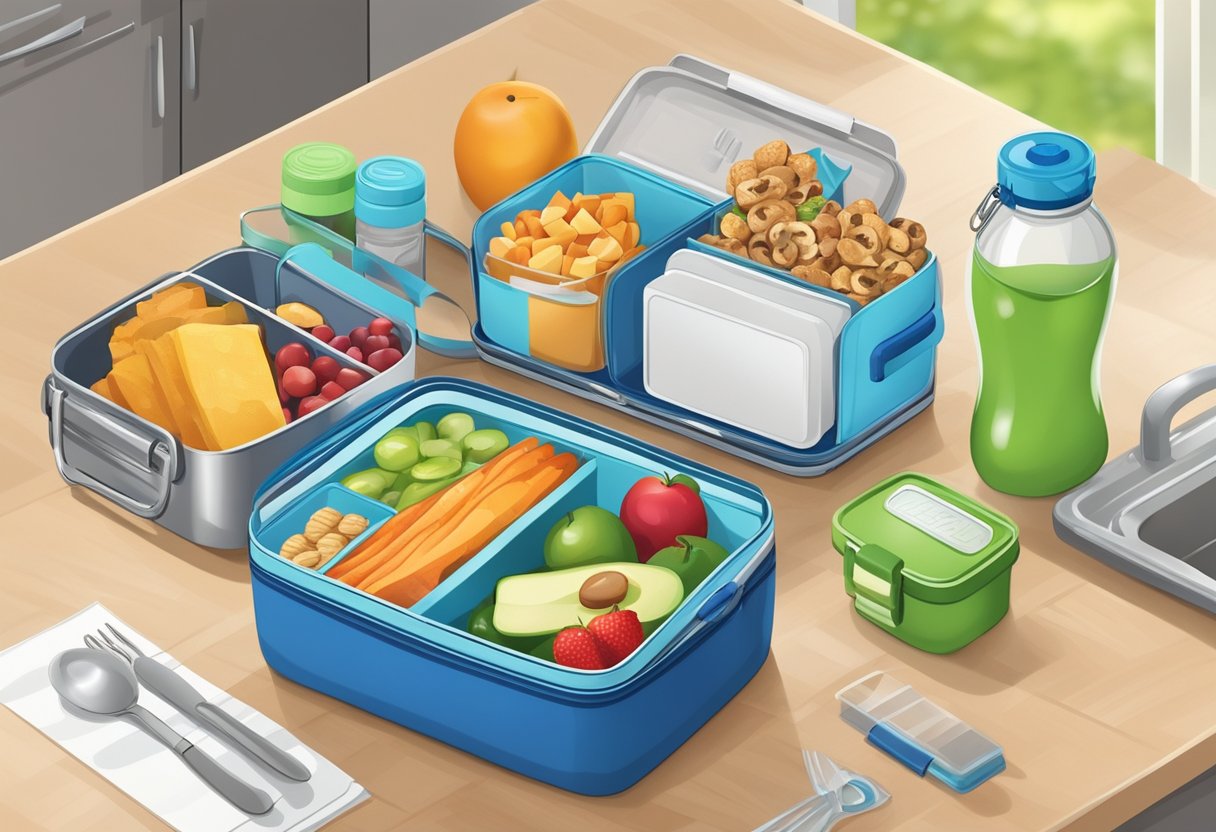 A colorful lunch box with a personalized name tag, filled with an assortment of healthy snacks and a water bottle, sitting on a clean, organized kitchen counter