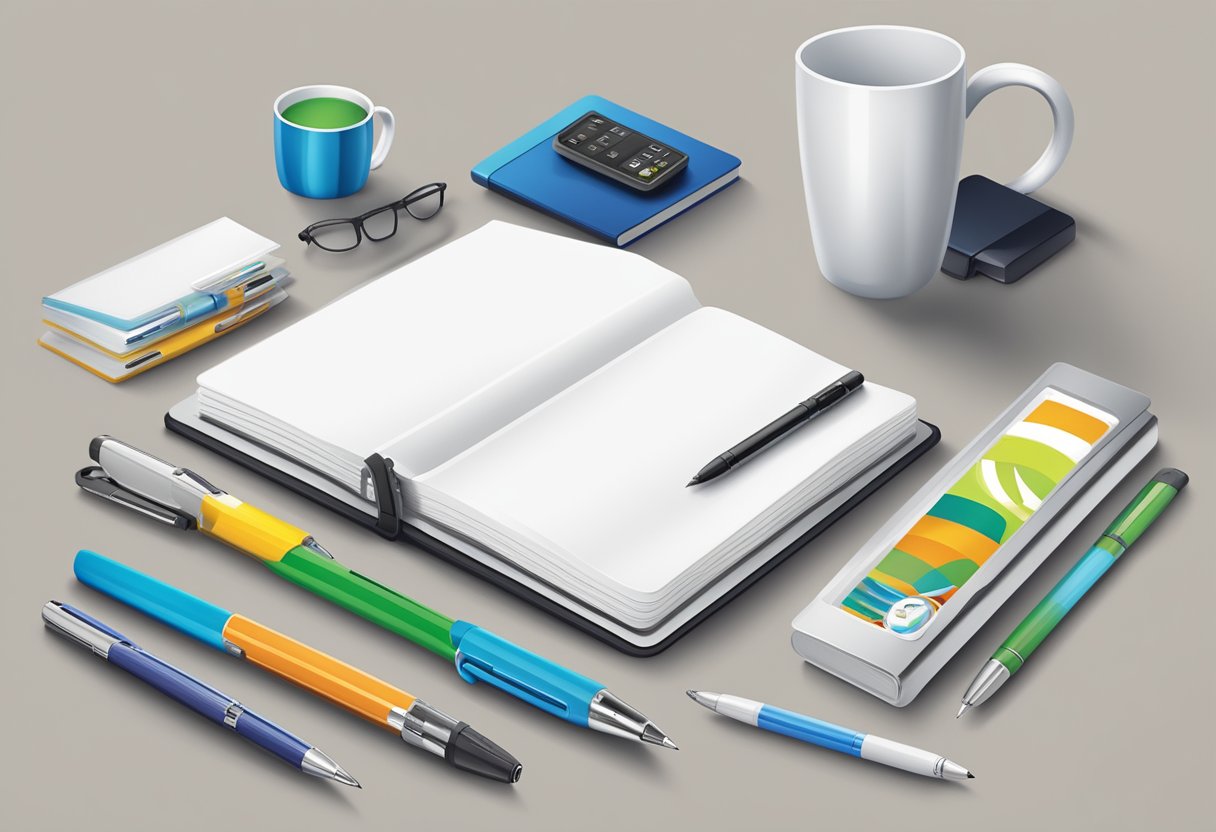 A table filled with branded merchandise: mugs, pens, notebooks, and tech gadgets. A corporate logo prominently displayed on each item