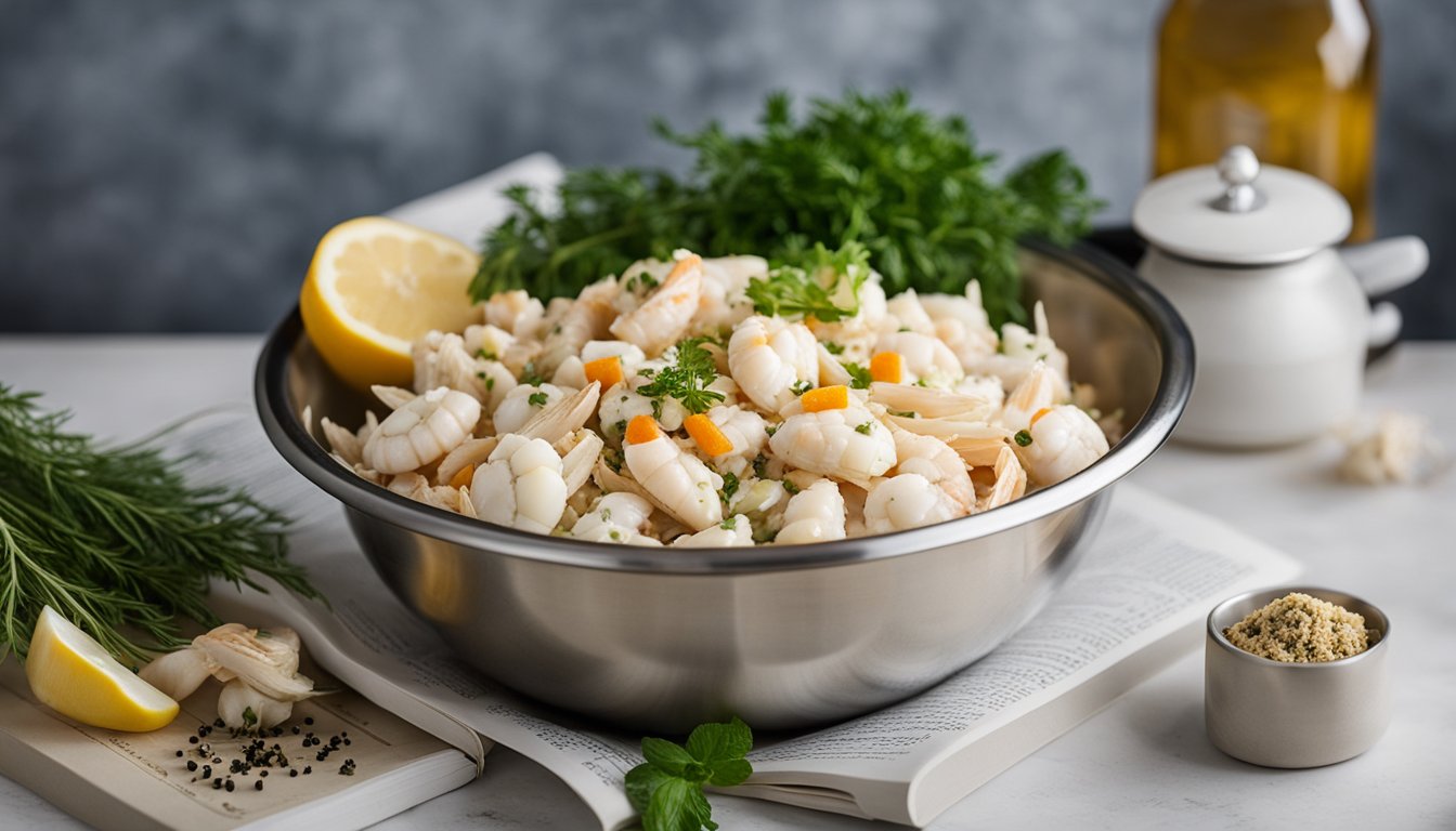 A stainless steel mixing bowl filled with lump crab meat, surrounded by various herbs and spices, with a recipe book open to a page titled "Cooking with Lump Crab Meat"