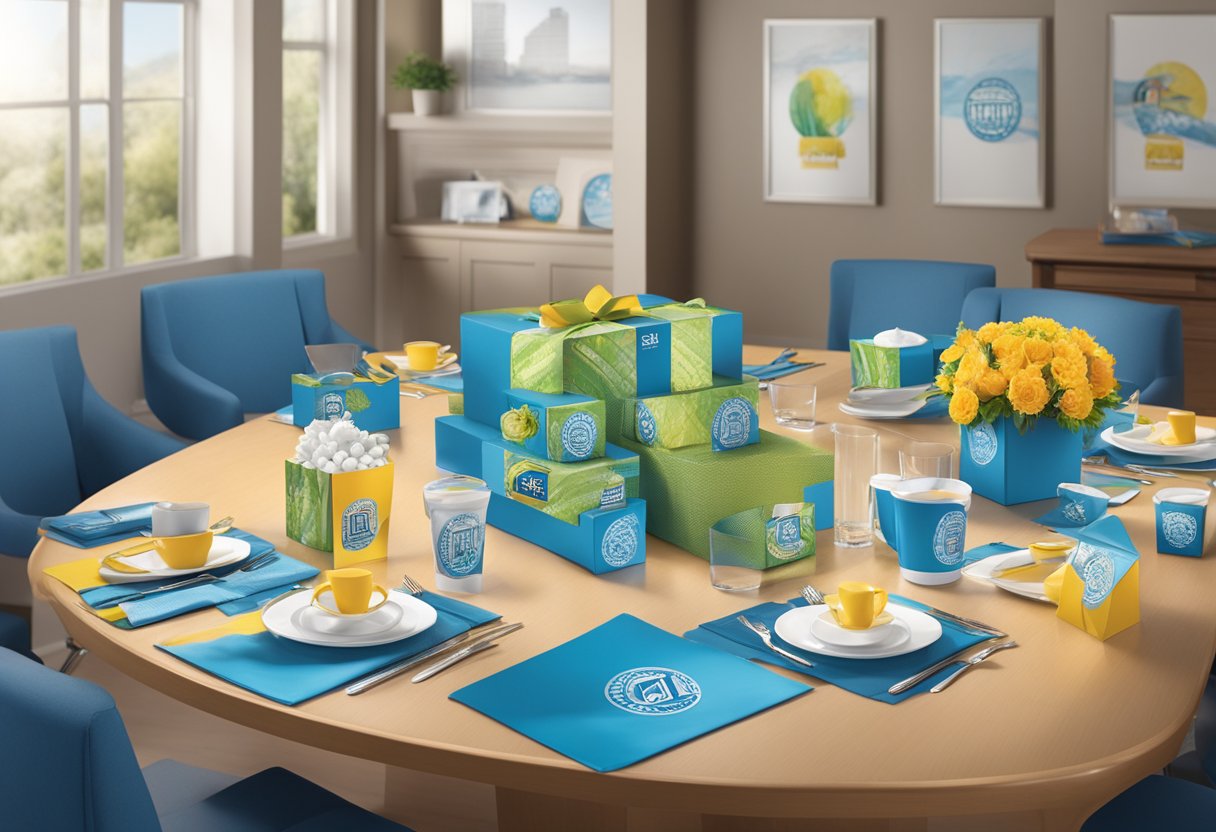 A table displays various corporate gifts with customization options for 20 recipients. Company logos and branding materials are visible throughout the scene