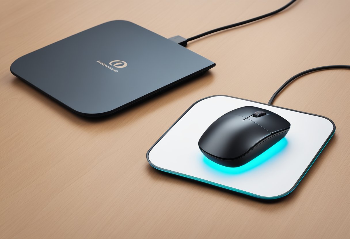 A sleek wireless mouse sits on a rechargable pad, branded with a corporate logo. It exudes practicality and user-friendly design