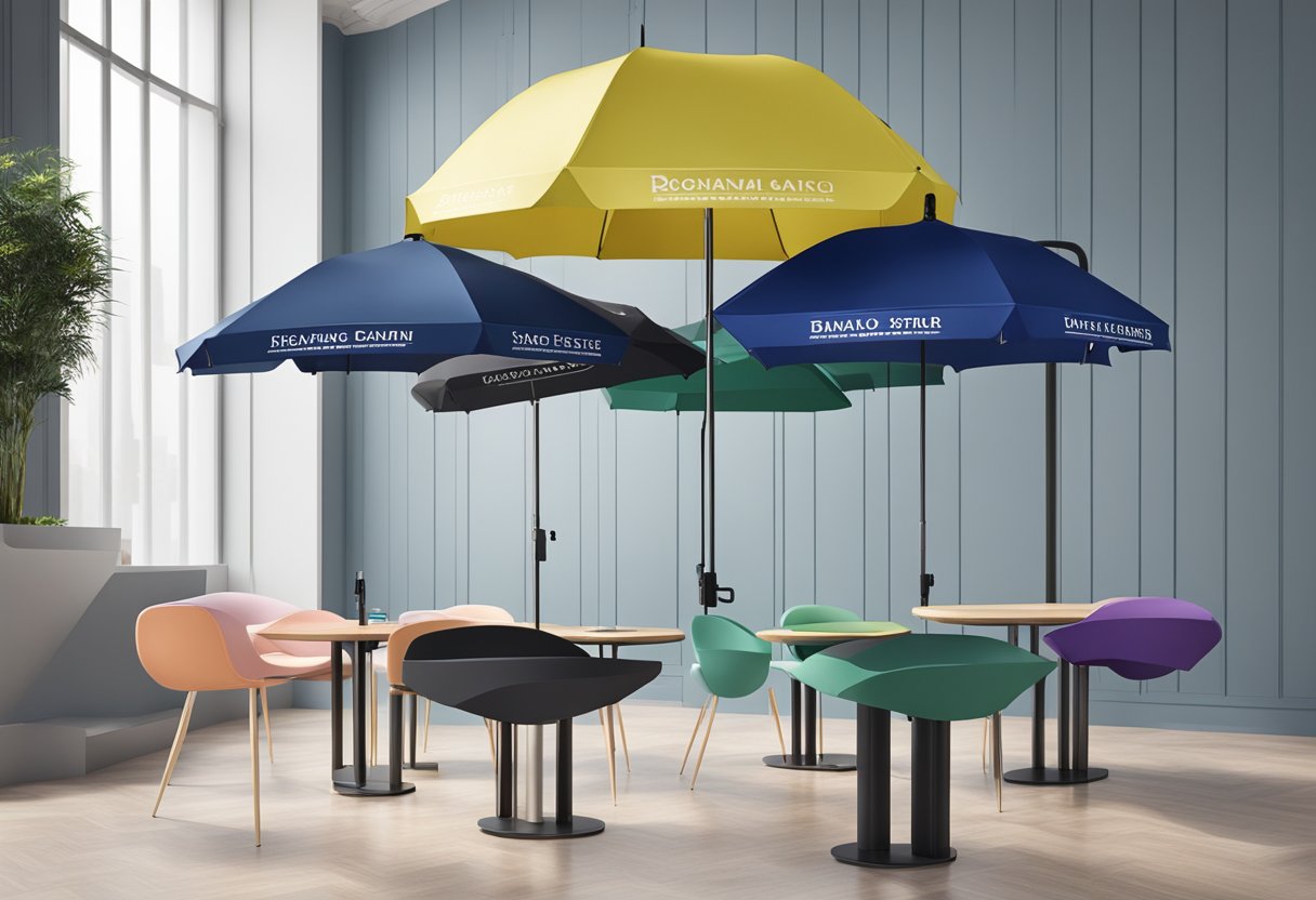 A variety of branded umbrellas displayed on a sleek, modern table with the company logo in the background