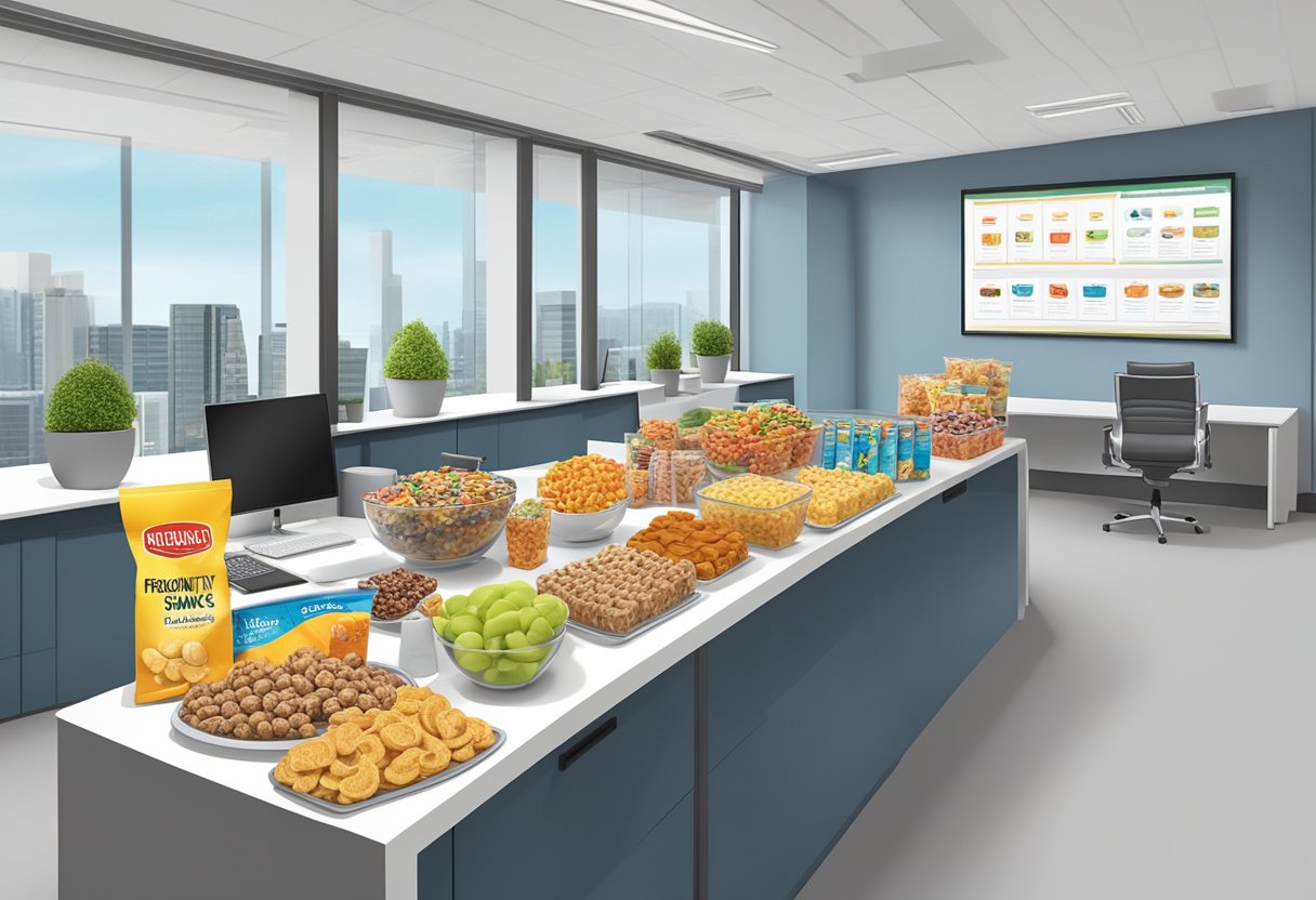 A table with an assortment of branded snacks and a sign reading "Frequently Asked Questions corporate gift snacks" displayed in a modern office setting
