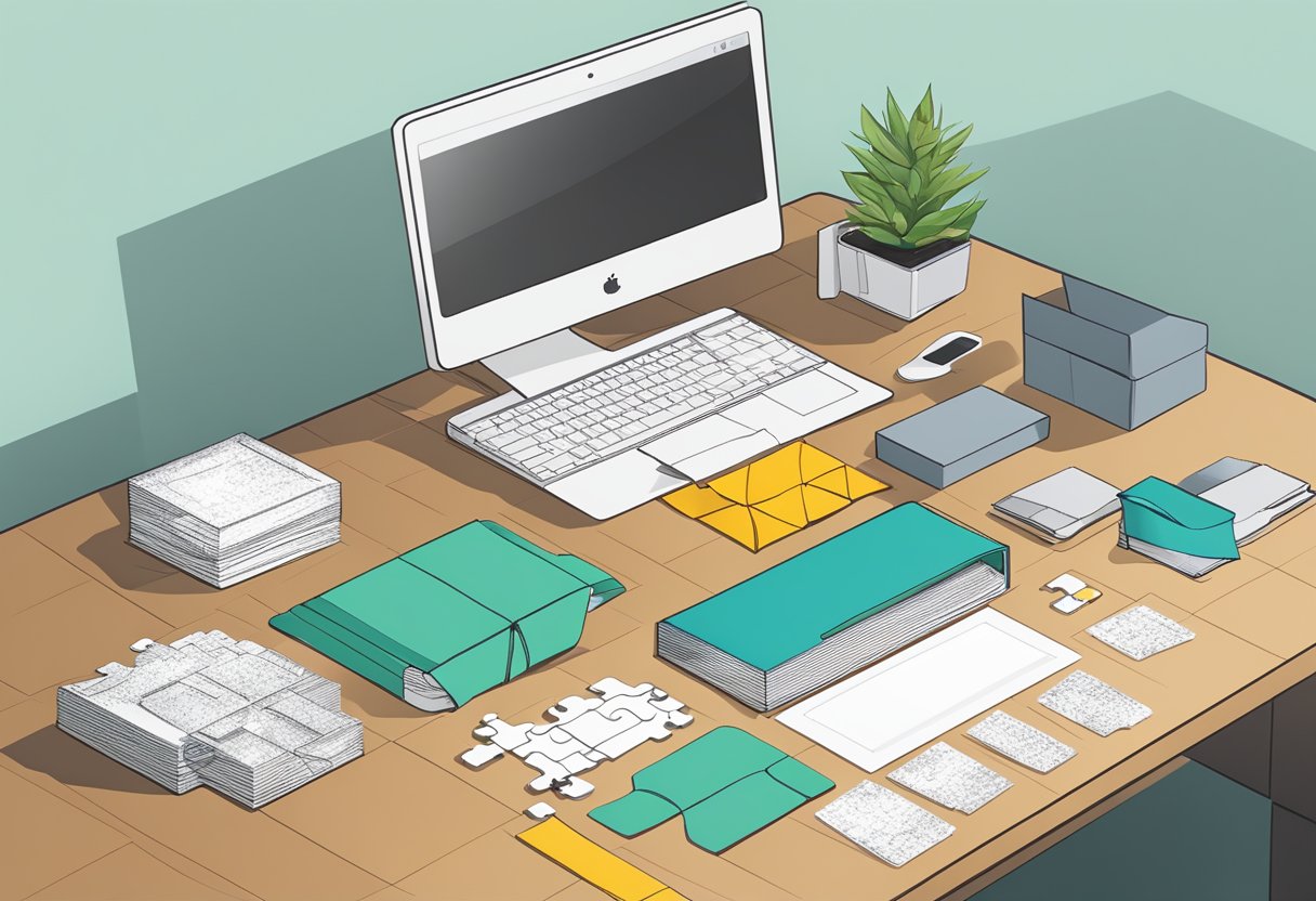 A desk with a neatly wrapped puzzle box, a ribbon, and a personalized card