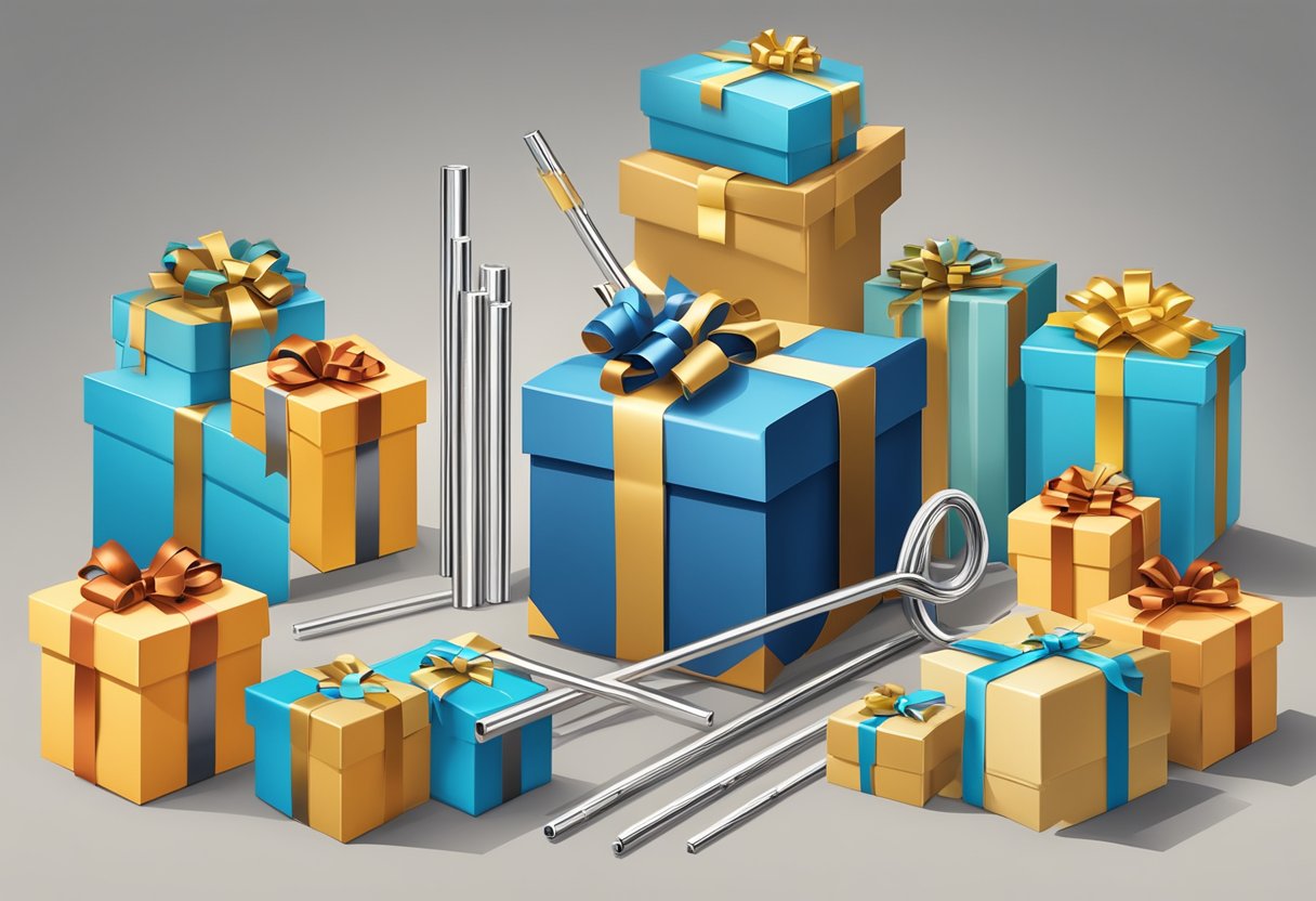 A metal straw surrounded by corporate gift boxes and a "Frequently Asked Questions" sign