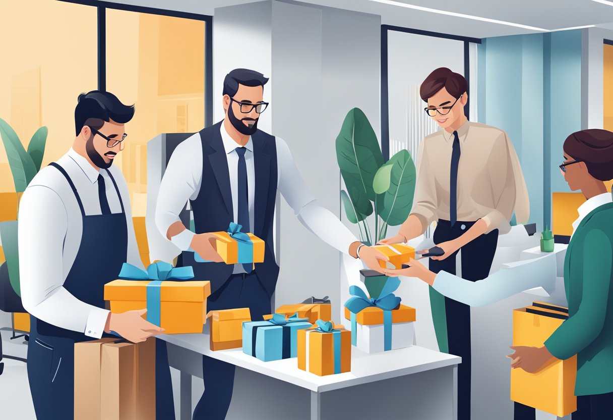 A group of professionals exchanging branded gifts in a modern office setting