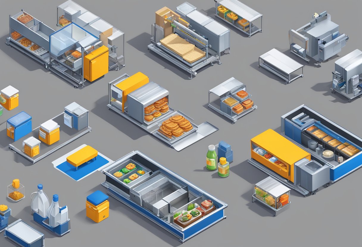 A conveyor belt moves lunch box parts through assembly and customization stations. Materials are shaped, colored, and assembled into finished products