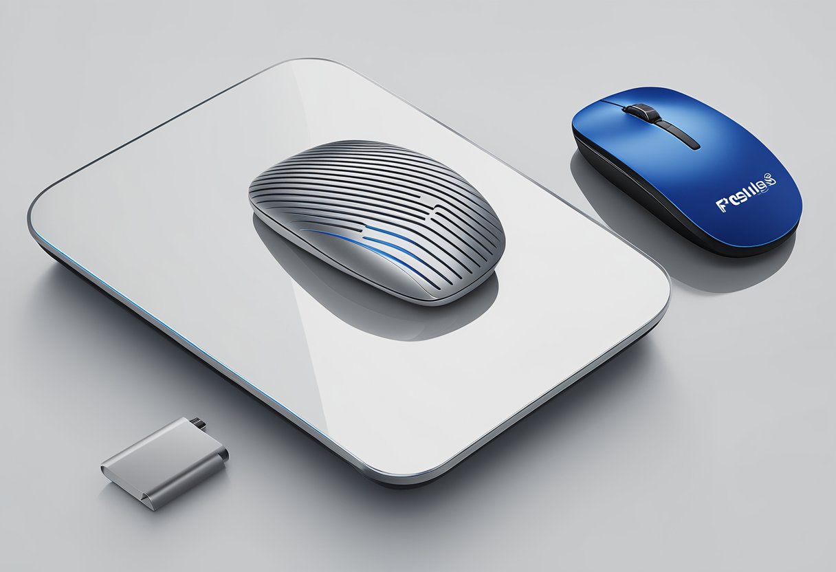 A sleek wireless mouse sits on a rechargable pad, branded with a corporate logo. A list of "Frequently Asked Questions" hovers above, suggesting it as a potential corporate gift