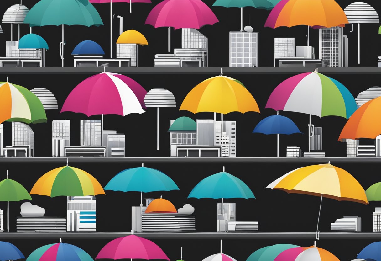 A company logo is being printed onto a sleek black umbrella, with a range of color options displayed nearby for customisation