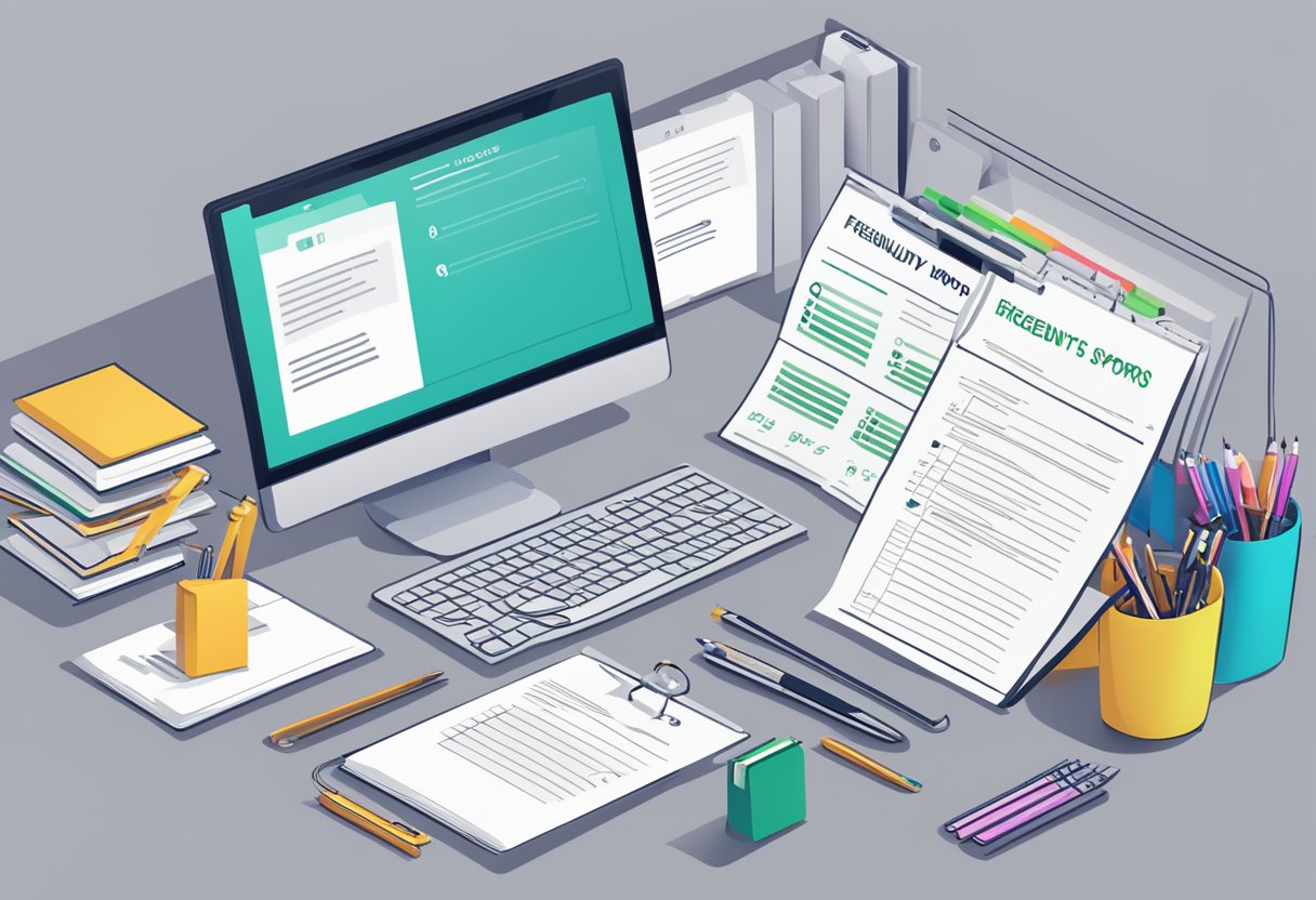 A stack of survey forms with "Frequently Asked Questions corporate gifting survey" printed on top, surrounded by office supplies and a computer screen displaying the same text