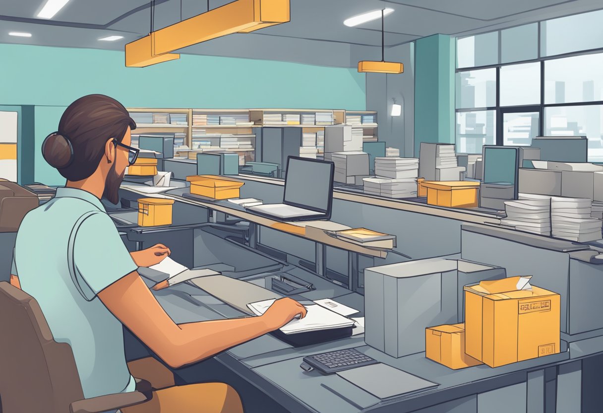 A person at a desk orders customised notebooks while a conveyor belt distributes them to waiting boxes