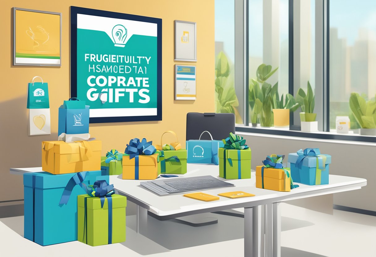 A table with various corporate gifts displayed, including branded merchandise and gift sets, with a sign reading "Frequently Asked Questions corporate gifts 10 spore" in the background