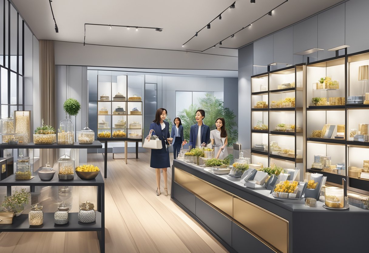 A group of corporate gift providers in Singapore showcasing a variety of elegant and professional gift options in a well-lit and modern showroom