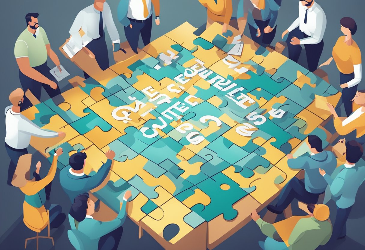 A group of employees gather around a large puzzle with the words "Frequently Asked Questions corporate gift" on it, trying to solve it together