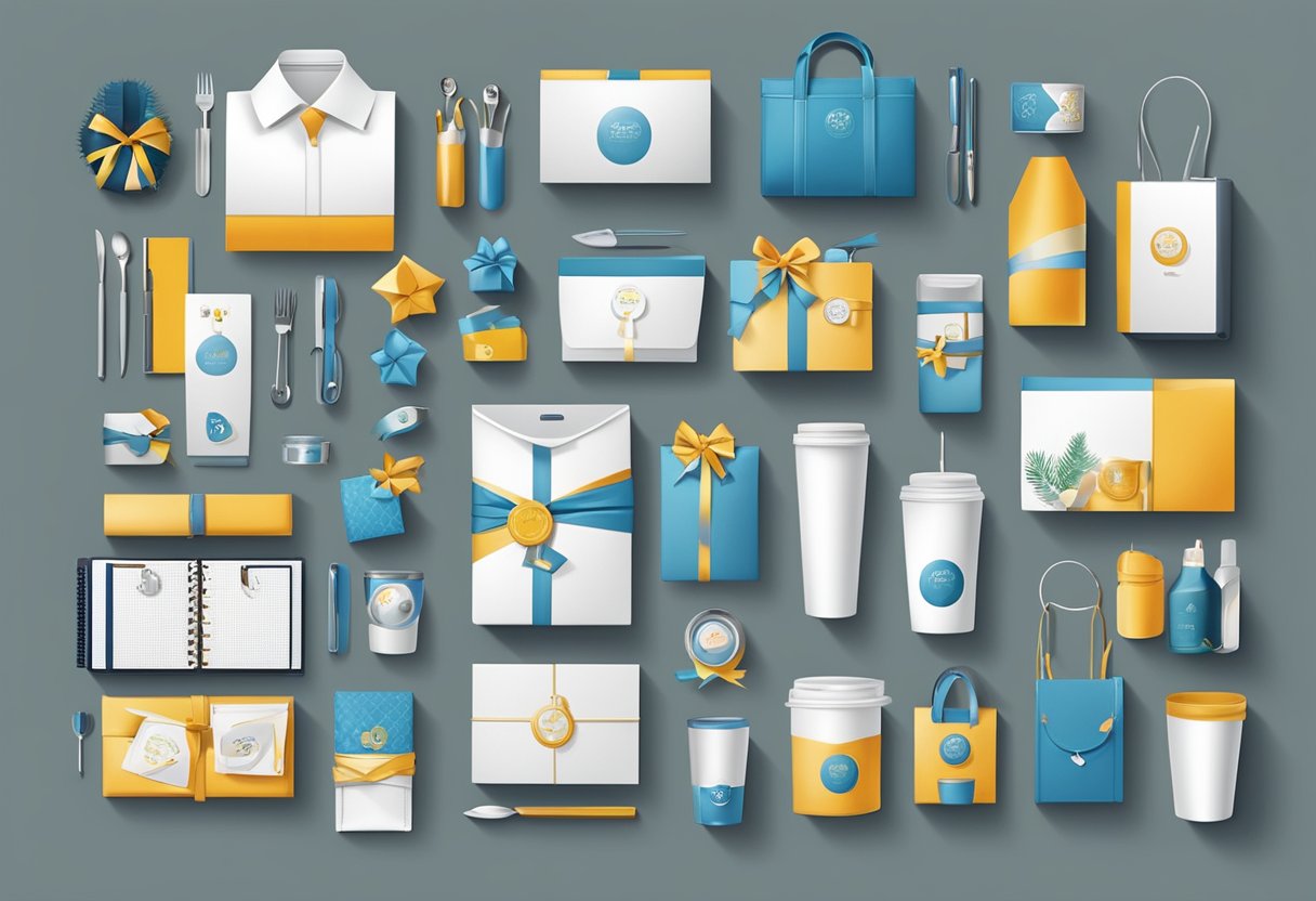 A table with various corporate gifts for 20 people, including branded items and gift baskets, displayed in an organized and professional manner