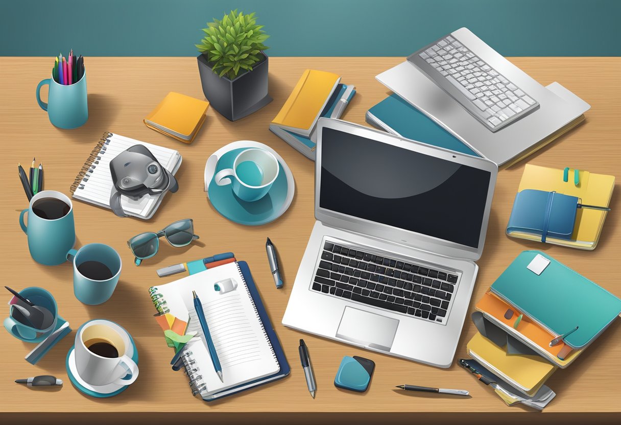 A table with various corporate door gift items displayed, including mugs, pens, notebooks, and electronic gadgets
