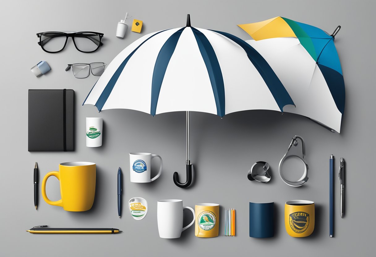 A logo-branded umbrella surrounded by a variety of corporate gift items, such as mugs, pens, and notebooks, displayed on a sleek, modern table