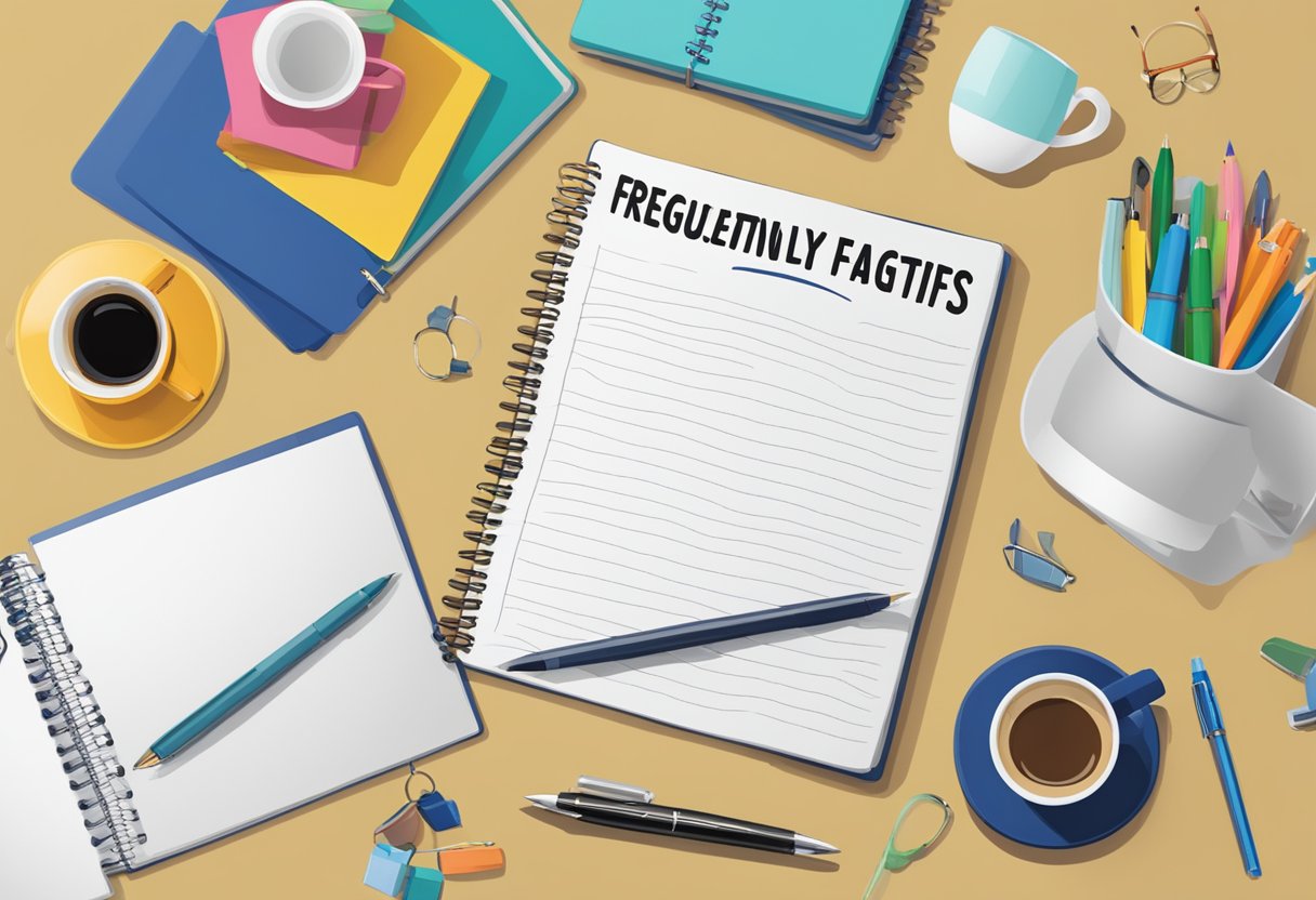 A table with various corporate gifts like mugs, pens, and notebooks, with a sign reading "Frequently Asked Questions corporate gifts customized" displayed prominently