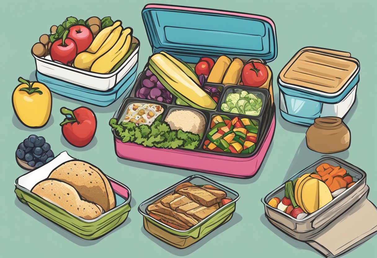 A lunch box with "Frequently Asked Questions" printed on it, surrounded by various food items and a napkin