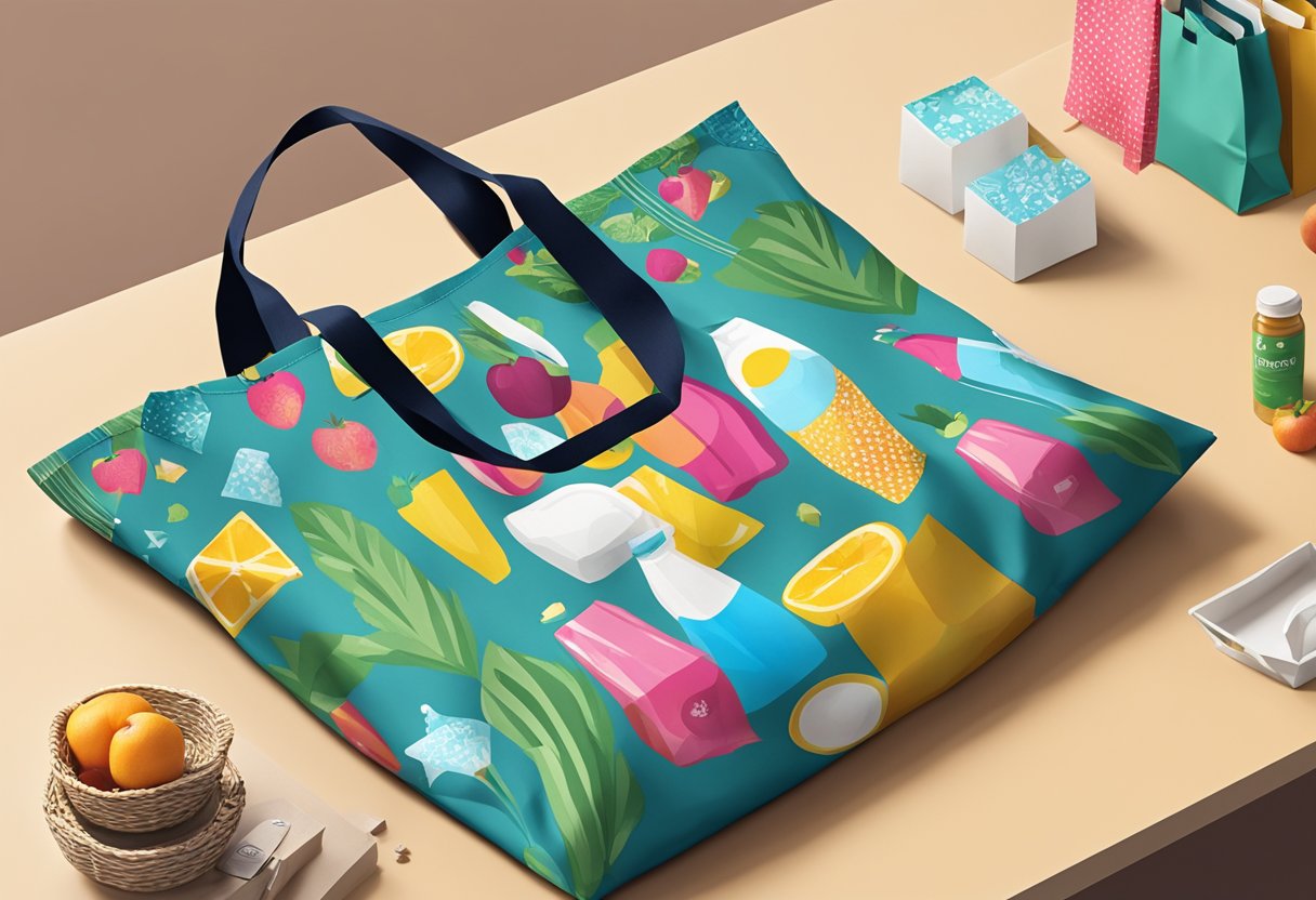 A customised shopping bag sits on a countertop, adorned with vibrant patterns and logos. It is filled with groceries and surrounded by other bags
