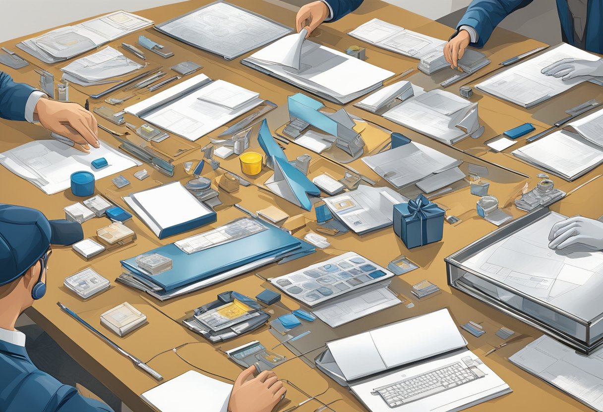 A table displaying various corporate gifts being customized with logos and designs. A team of workers carefully personalizing each item with precision