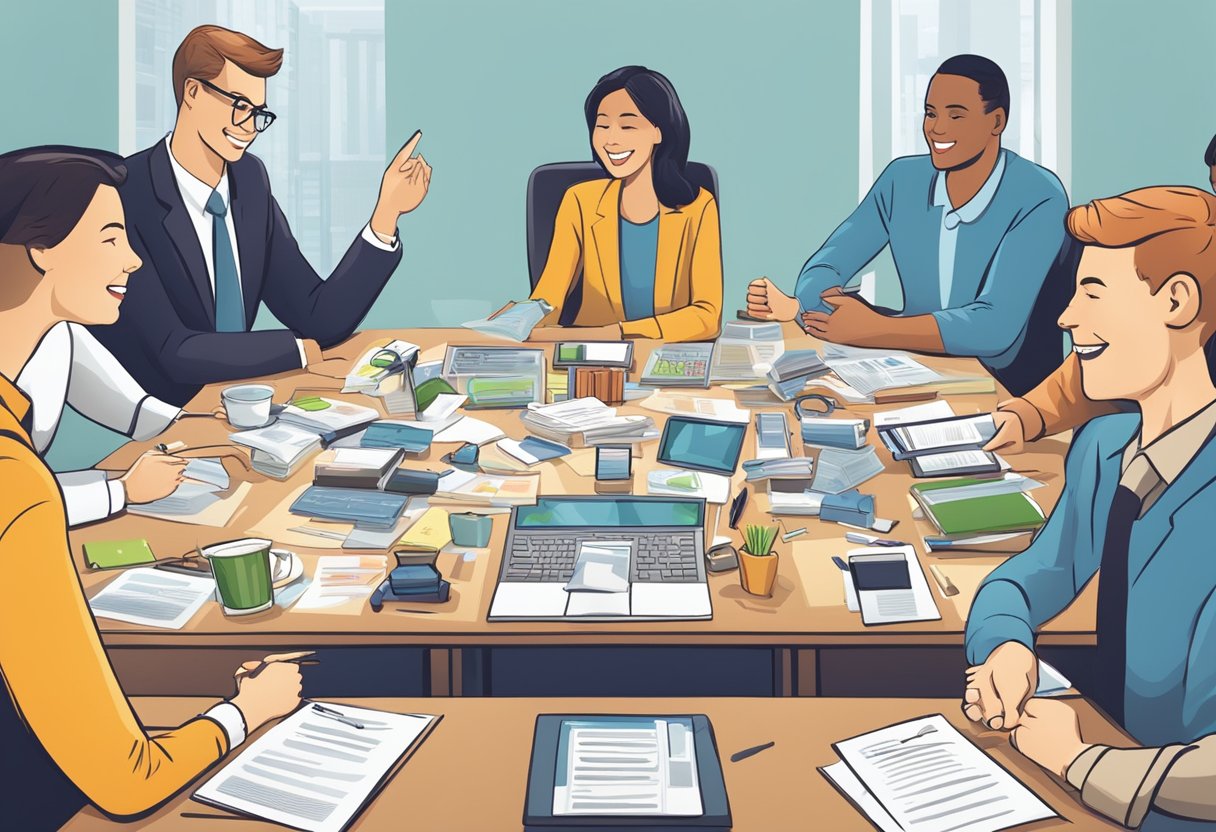 A table with various corporate gift options displayed, surrounded by happy clients asking questions to the providers