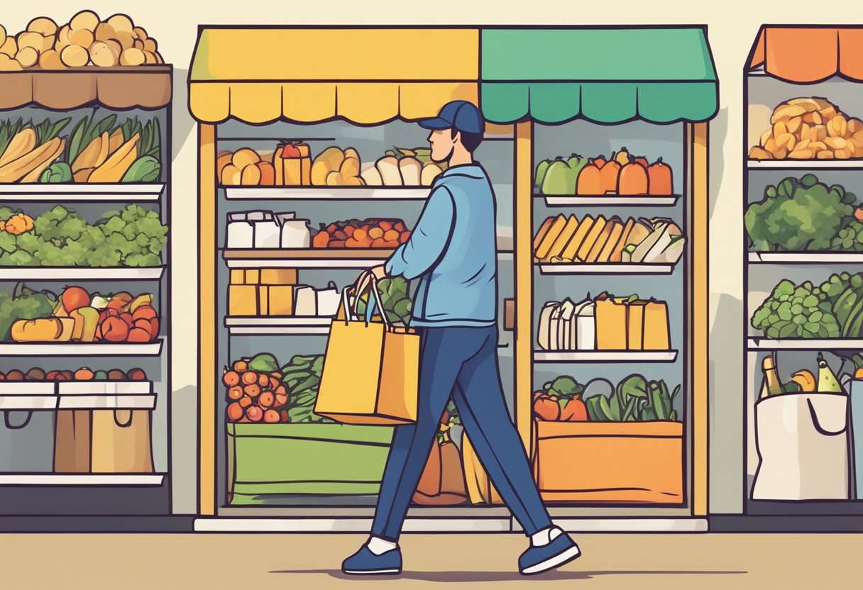 A customised shopping bag with a unique design and logo, filled with groceries and being carried by a person