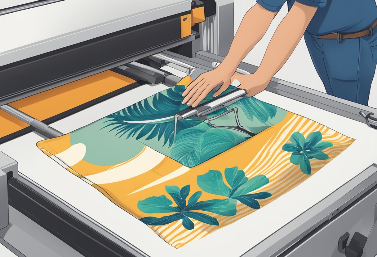 A tote bag being printed with a custom design using a heat press machine