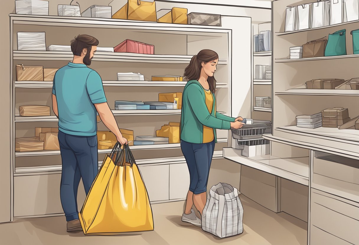 A person receives a customised shopping bag from a store employee and then carefully stores it in a safe place at home