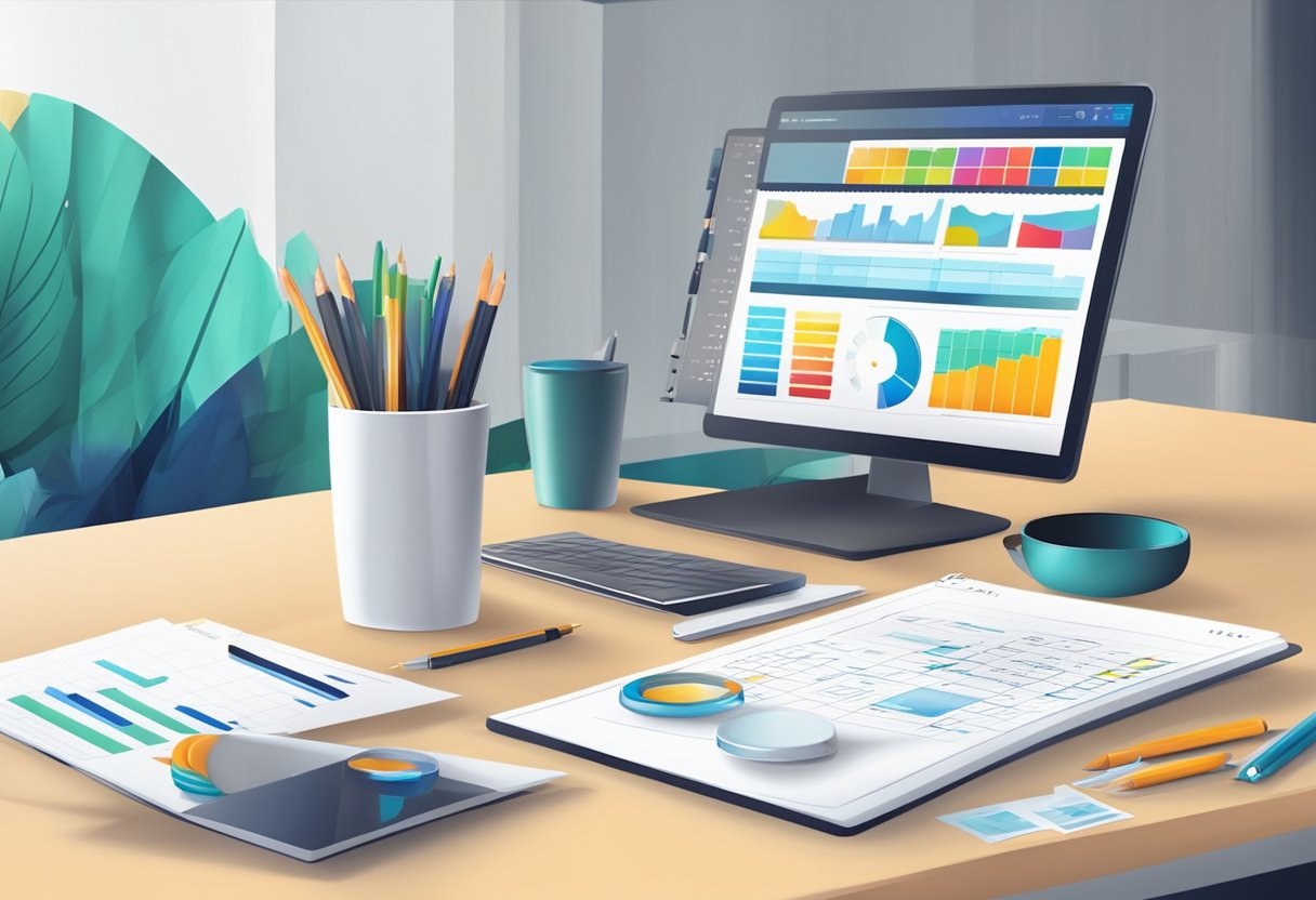 A table with branded merchandise and a budget spreadsheet. Company logo on items. Office setting with professional atmosphere