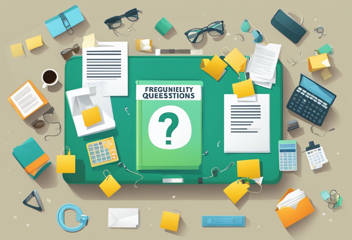A table with various corporate gifts displayed, surrounded by question marks and a sign reading "Frequently Asked Questions."