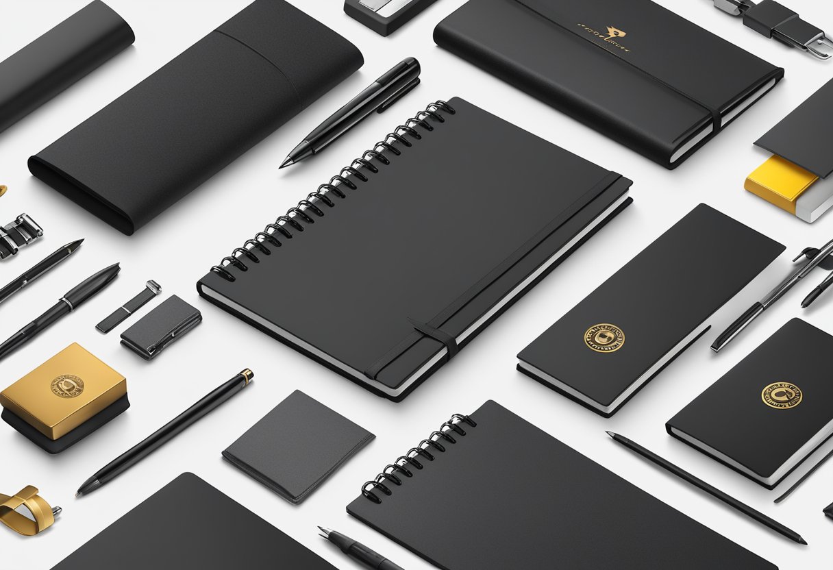 A sleek black notebook with the company logo embossed on the cover, surrounded by a variety of high-quality corporate gifts and office supplies